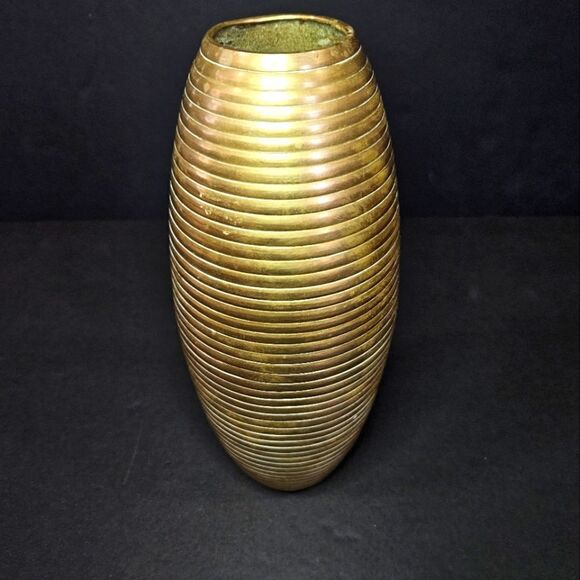 Vintage Mid Cenutry Modern Solid Brass Ribbed Ripple Beehive Italian Vase 9" - Picture 1 of 5